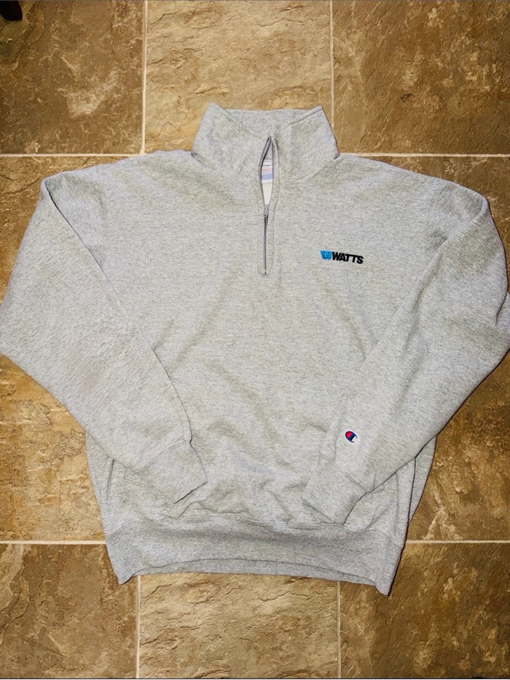 Vintage Champion Light Gray Quarter-Zip Sweatshirt with Watts Logo